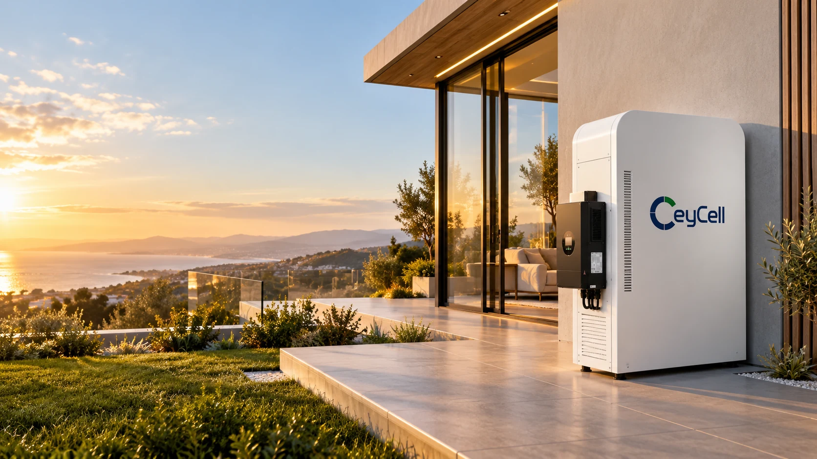 Illustrative CeyCell energy storage at a modern home